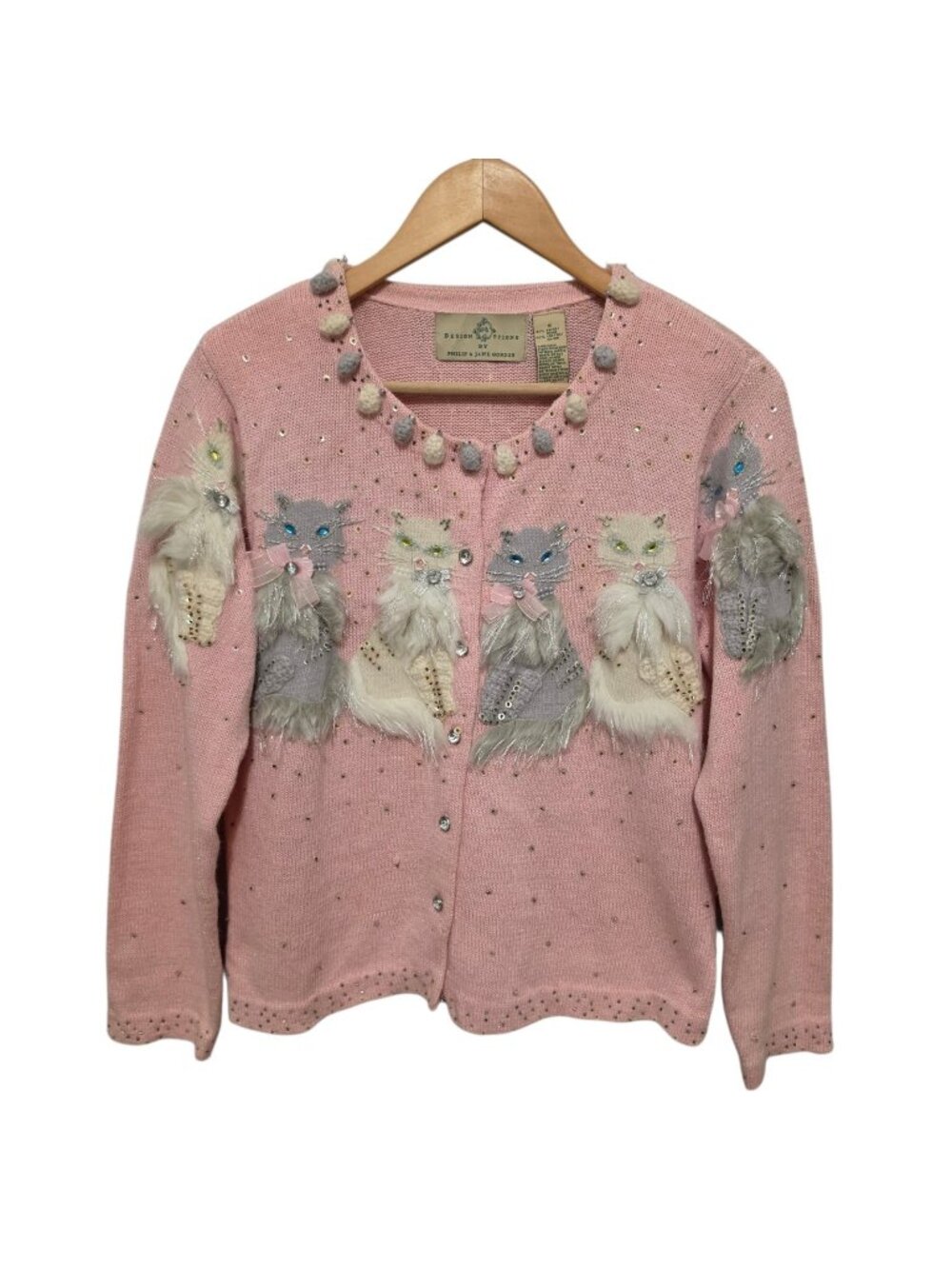 Philip Jayne Gordon Design Options Cat Cardigan Sweater Pink Sequin Size S